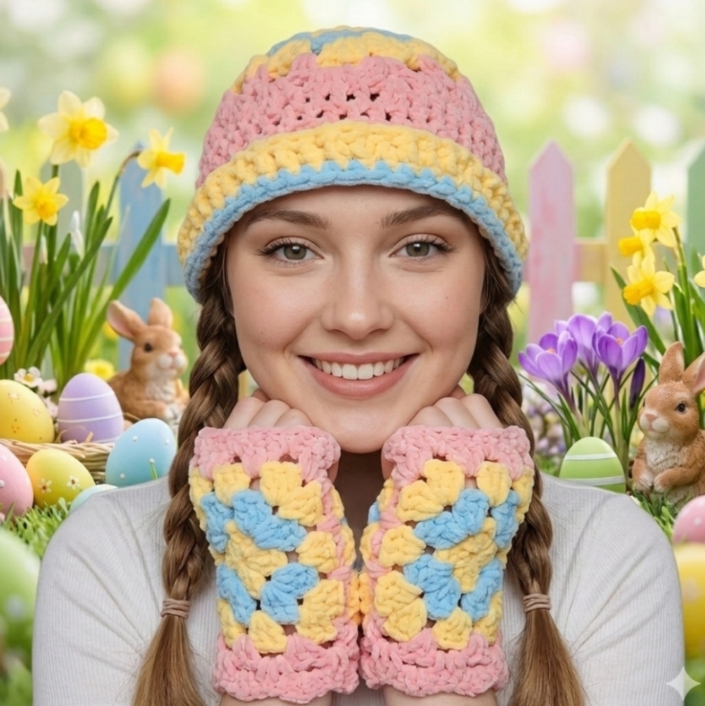 Handmade Pastel Crochet Beanie Wrist Warmers Set Pink Yellow Blue Hand Knit - Picture 16 of 16